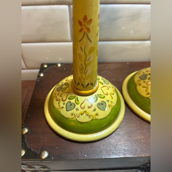 Folk Art Hungarian Vintage Wooden Hand Painted Candlestick Holders Set of 3 - Picture 3 of 8